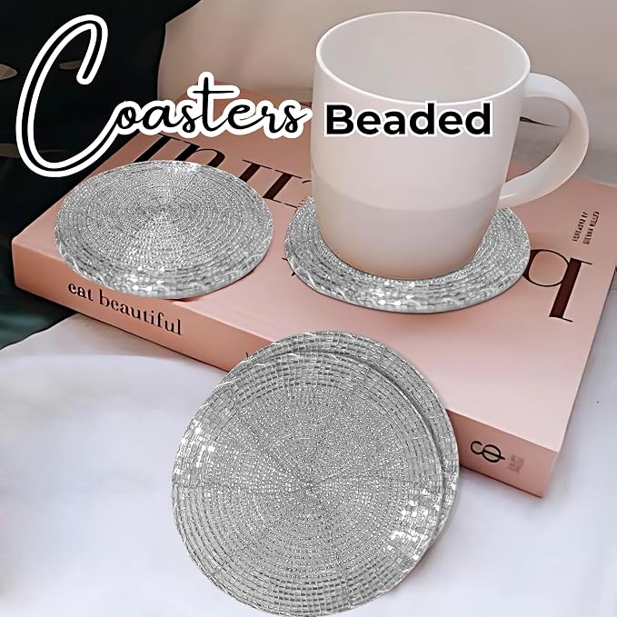 Silver Coasters Set of 4, Handmade Beaded Bar Drink Tabletop Protection Coasters - Image 5