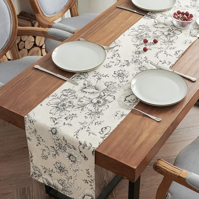 jinchan Black Floral Linen Table Runner 13 x 90 Inch Farmhouse | Long floral by JINCHAN