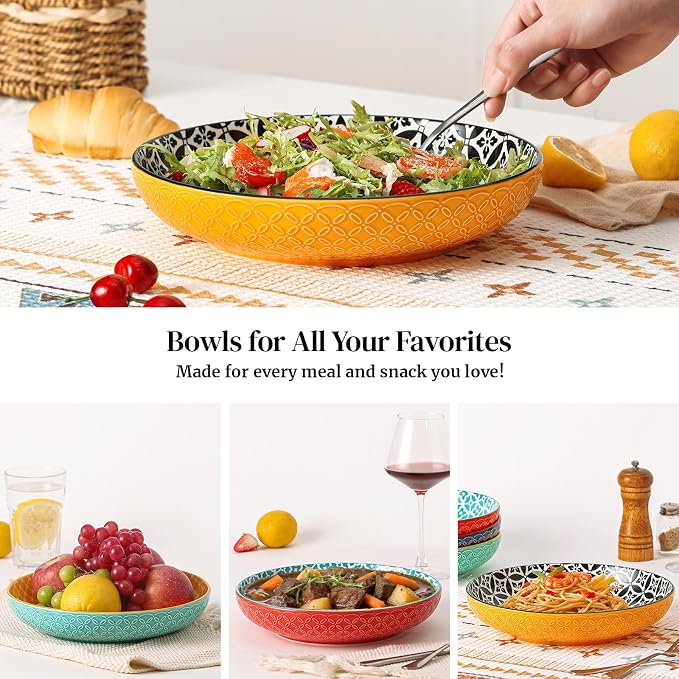 DOWAN 10" Vibrant Pasta, Salad & Soup Serving Bowls Set of 4, Embossed Large - Image 3