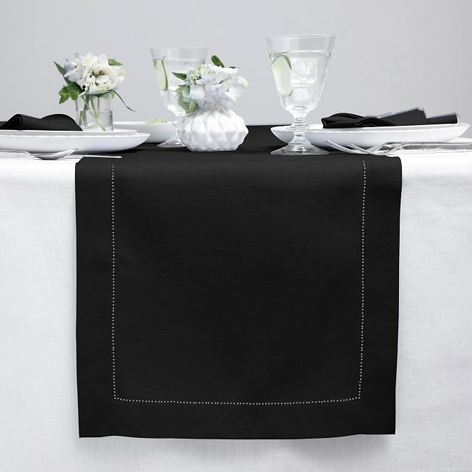 Solino Home 100% Pure Linen Dining Table Runner Black Hemstitch, 14 x 72 in | by SolinoHome