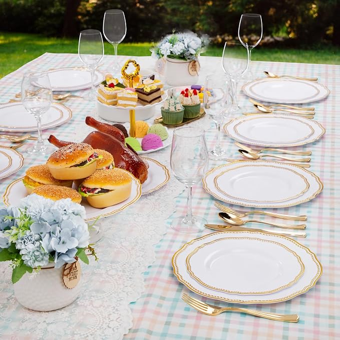 60 Pcs White Gold Dinner Plates - Image 5