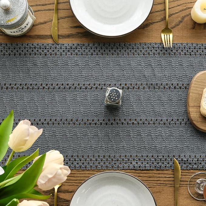 Artoid Mode Dark Grey Woven Farmhouse Hollow Table Runner 12x60 Inch | Holiday - Image 4