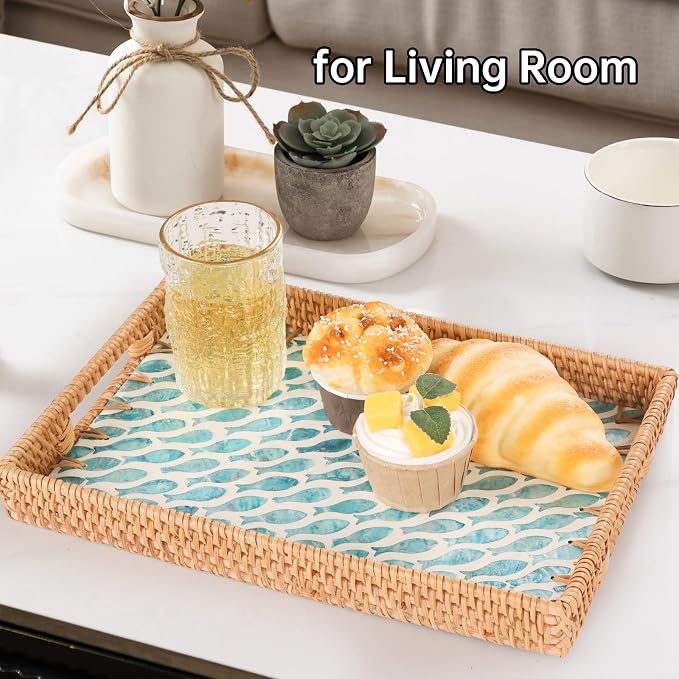 Rectangle Rattan Tray with Mother of Pearl Inlay, Rattan Serving Tray with - Image 5