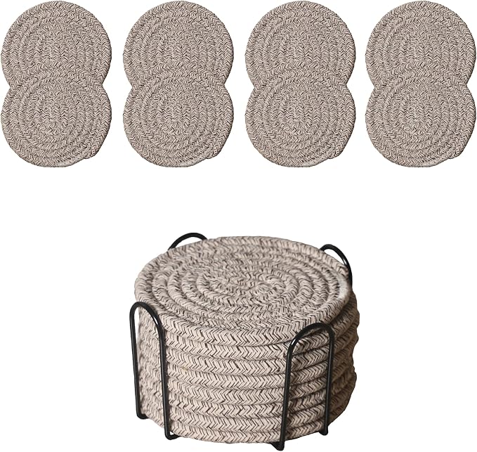 Drink Coasters Set of 8 with Holder, Cotton Woven | Absorbent cotton woven by Unknown