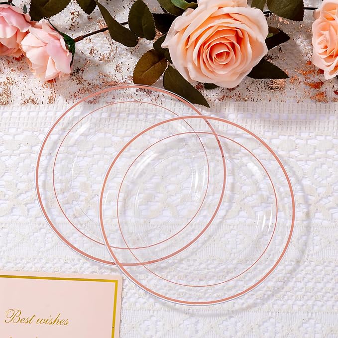 bUCLA 100PCS Clear Rose Gold Plastic Plates Disposable - Image 6
