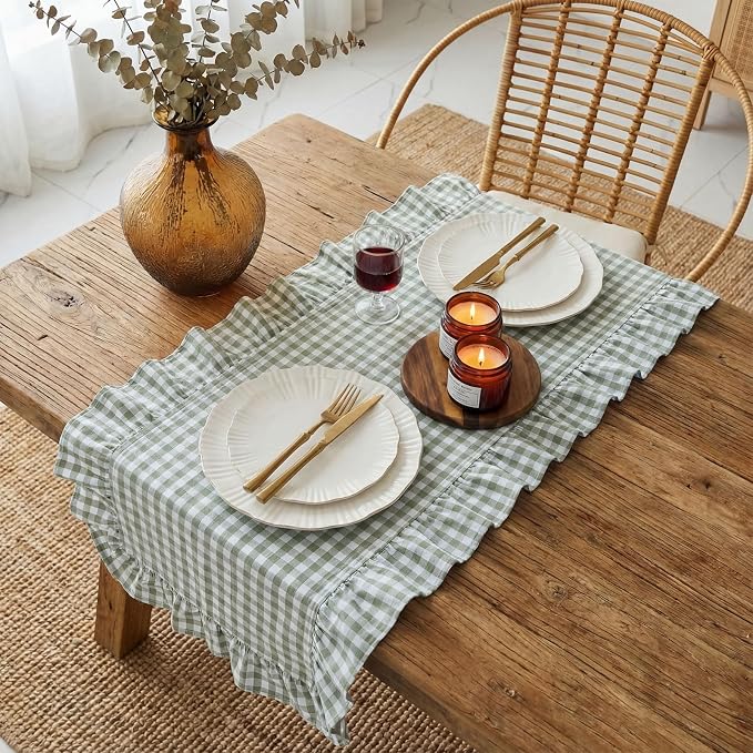 HunnmingRe 1 Pc Gingham Table Runner Green, 72 X 13.8 Inch | Cotton Dresser - Image 5
