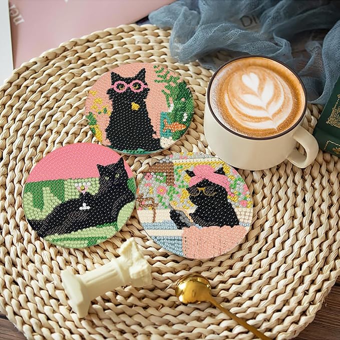 8 Pack Black Cat Diamond Art Coasters Kits-Diamond Painting Coasters Kit | 5D - Image 6