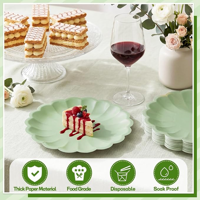 30 Pcs Sage Green Paper Plates 7.5 Inch Shell Edge Plates Disposable | Green - Image 4