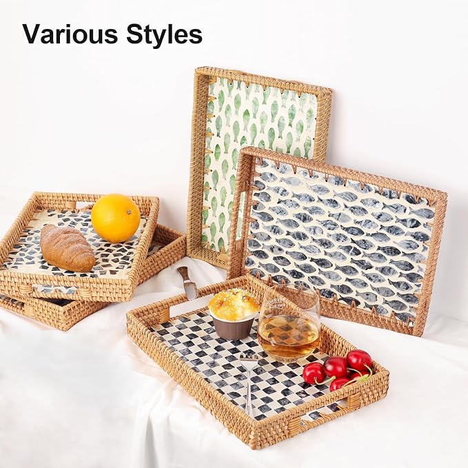 Rectangle Rattan Tray with Mother of Pearl Inlay, Rattan Serving Tray with - Image 2