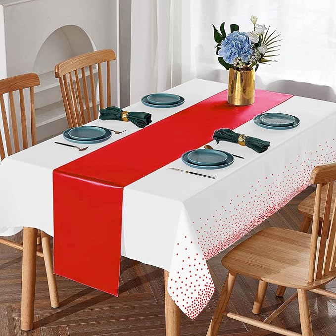 8Pack Disposable Plastic Tablecloths and Satin Table Runner Set White and Red - Image 4