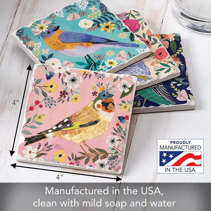 Thirstystone Floral Birds 4 Pack Assorted Tumbled Tile Stone Coasters | 4" - Image 3