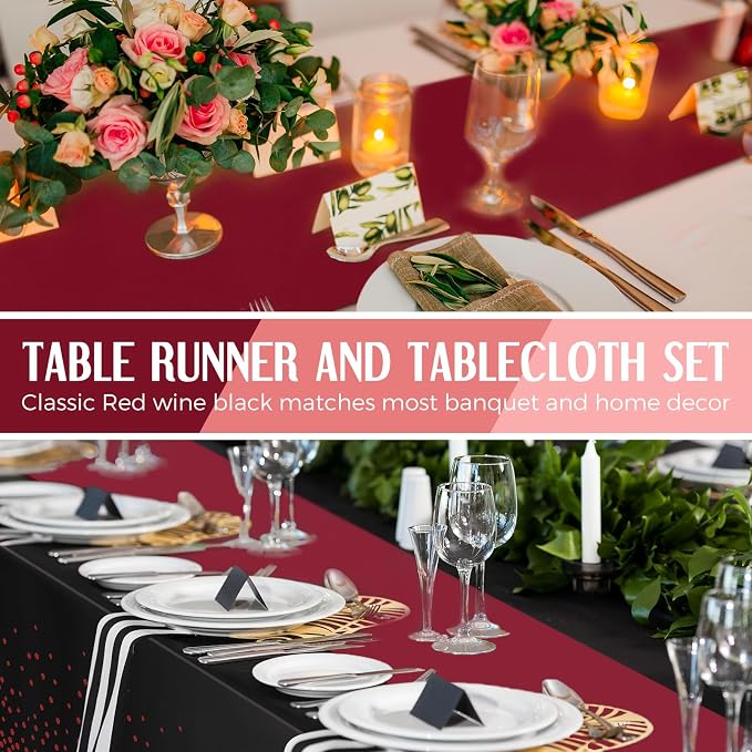 8 Pack Black and Maroon Disposable Plastic Tablecloths and Satin Table Runner - Image 3