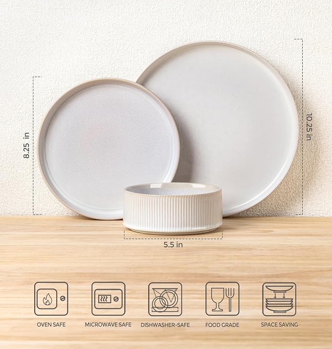 Ceramic Dinnerware Set for 8, 24-Piece Plates and Bowls Set | Lightweight - Image 7