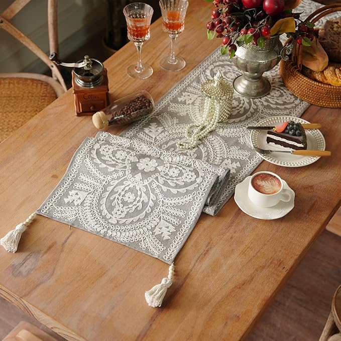 Long Table Runner Embroidered Rustic Dresser Runner, 4 Tassel Pendants - Image 2