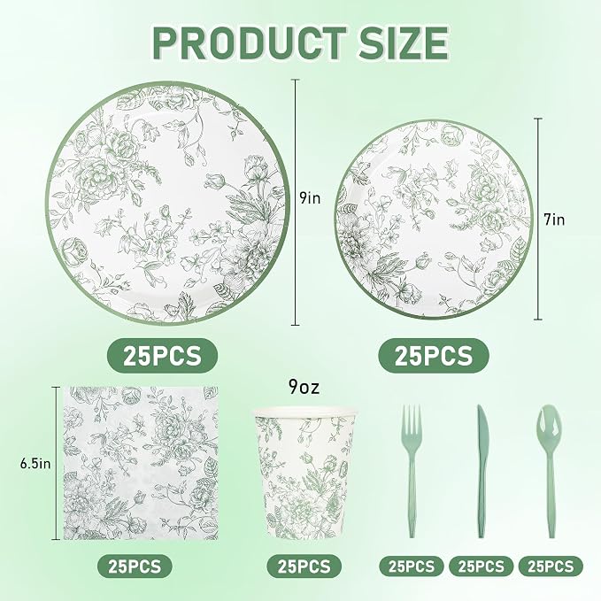 175Pcs Sage Green Floral Paper Plates and Napkins 25 Guests Green Toile - Image 2