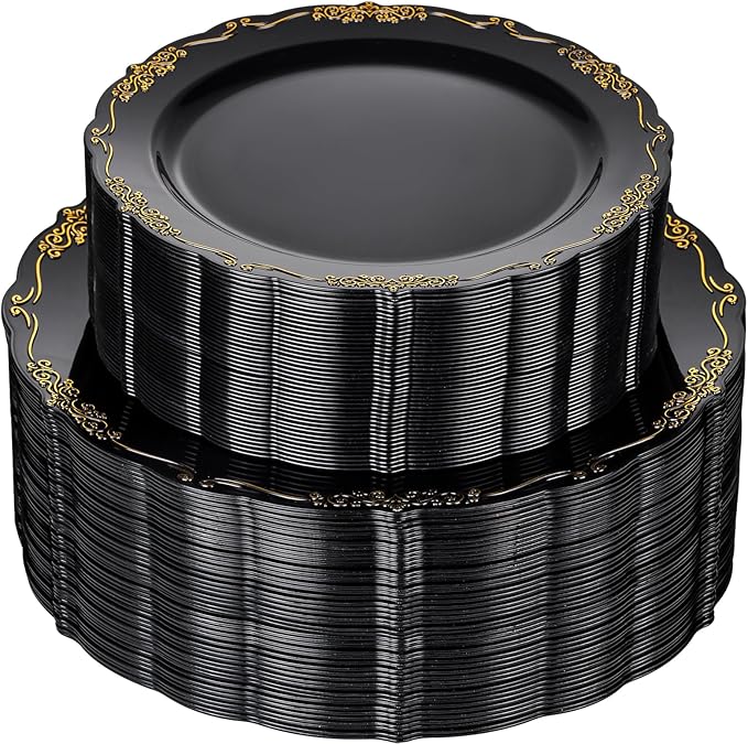 U-QE 100PCS Black and Gold Plastic Plates by U-QE