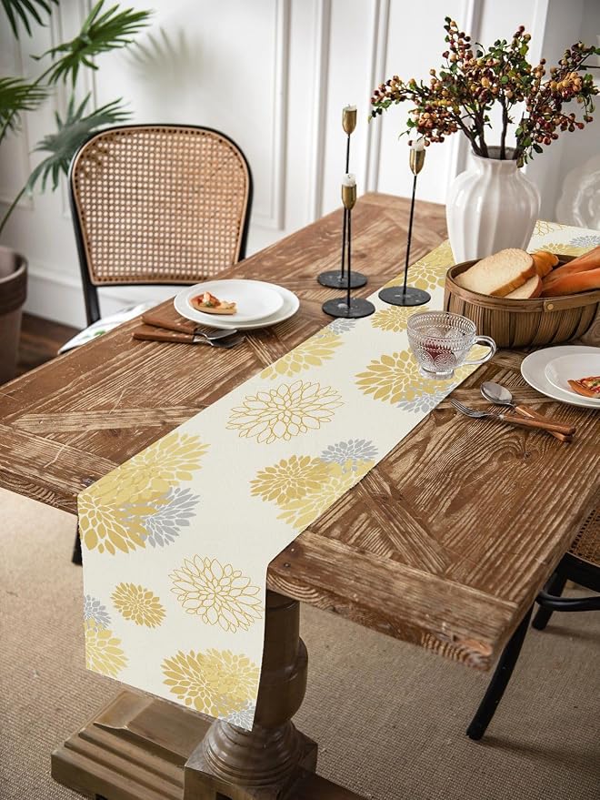 Yellow Gray Table Runner Dahlia Pinnata Flower Beige Table Runners Modern - Image 2