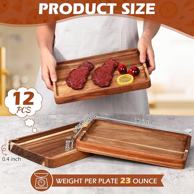 Roshtia 12 Pcs Acacia Wood Serving Tray Rectangular Wooden Serving Platter - Image 2