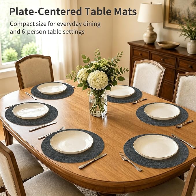 Maxpearl Faux Leather Round Placemats Set of 6, 13.8 inch, Dark Grey | - Image 2