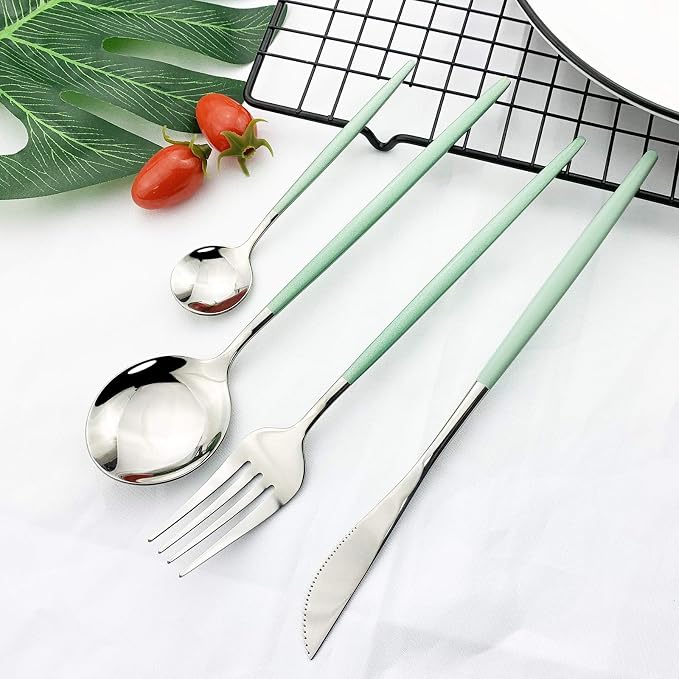 JASHII Flatware Serving Set 24 Piece, Stainless Steel Silverware Set, Mint - Image 4