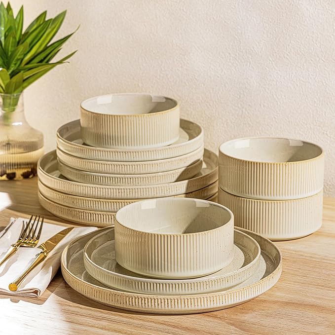 Ceramic Dinnerware Set for 4, 12-Piece Plates and Bowls Set | Lightweight by TheTerra