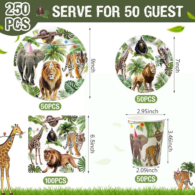 Pickmesh 250 Pcs Jungle Birthday Party Supplies Decorations Serve 50 Safari - Image 2
