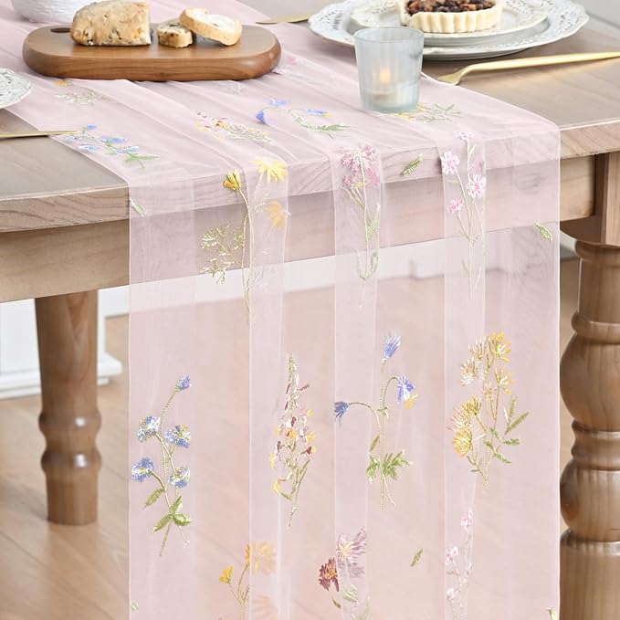 Artoid Mode 6PC Wildflower Floral Light Pink Gauze Embroidery Table Runner 120 by ArtoidMode