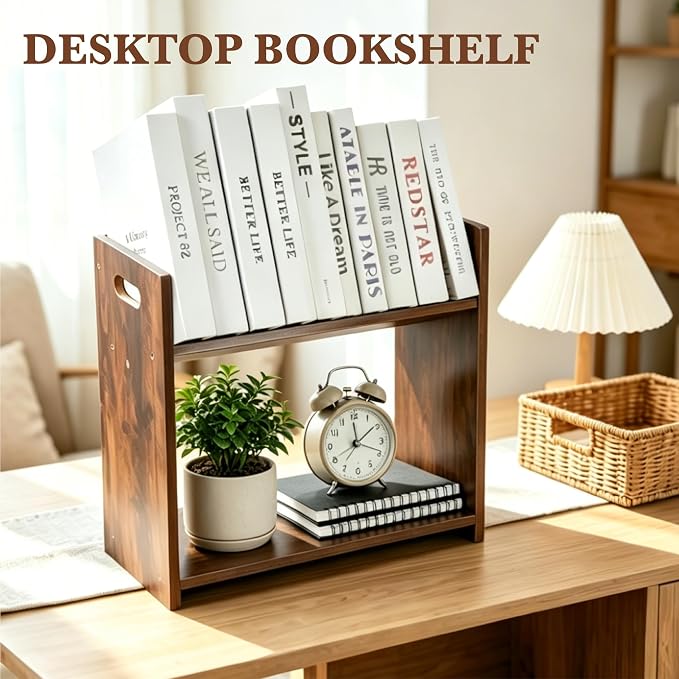Desktop Bookshelf, 2 Tier Desk Shelf Organizer, Wood Office Tabletop Bookcase - Image 7