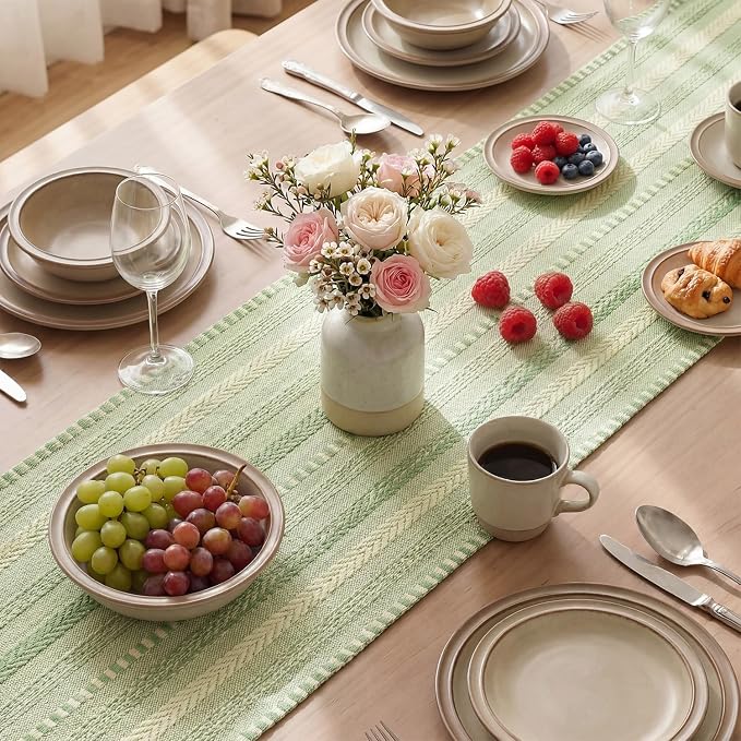 Artoid Mode Sage Green Farmhouse Stripe Braided Table Runner 12x120 Inch | - Image 4