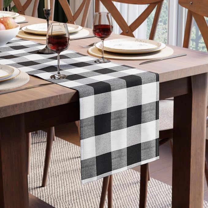 Encasa XO Table Runner, Woven Cotton Dining Runner 13"x104" Buffalo Black Checks by EncasaXO