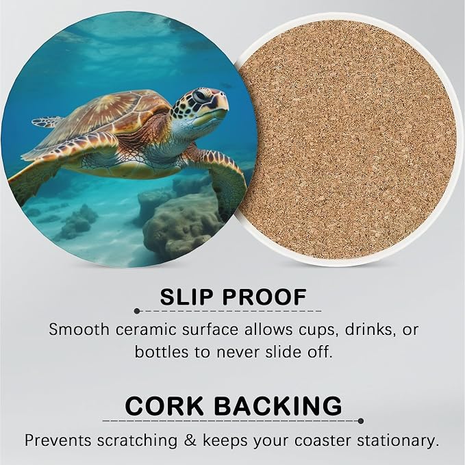 Drink Coasters for Drinks Set of 6, Sea Turtles Absorbent Round Ceramic Stone - Image 5