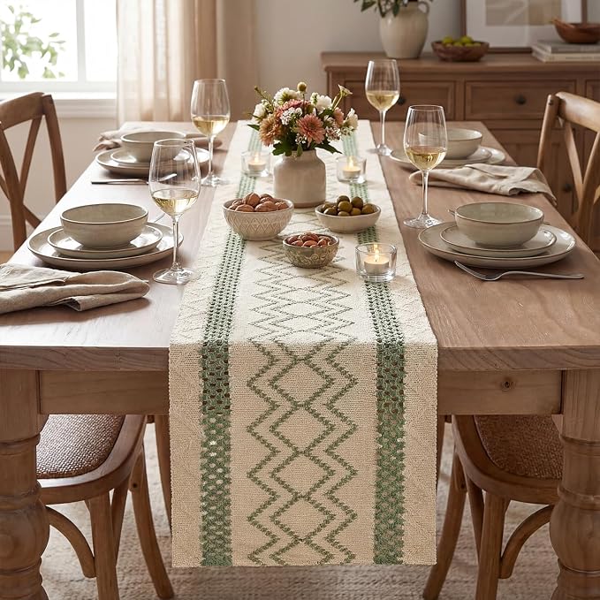Artoid Mode Sage Green Stripe Diamond Woven Table Runner 12x120 Inch | Holiday - Image 2