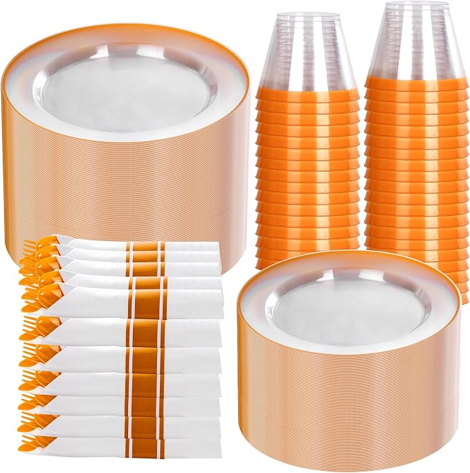 SUT 350Pcs Orange and Clear Plastic Dinnerware Set by SeeYouTomorrow