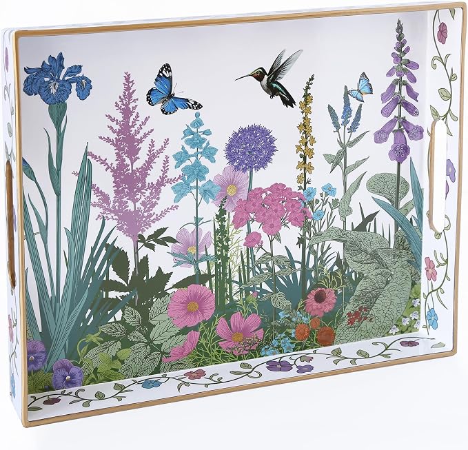 Serving Tray with Handles, Rectangular Plastic Tray 15.75x11.81 Inch, Wildflower by Origtray