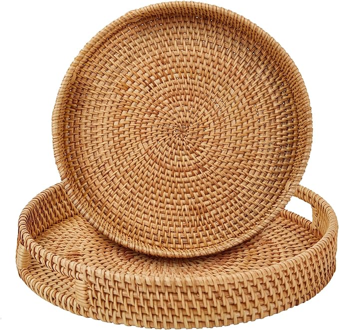 Round Rattan Serving Tray with Handles, 2 Hand Woven Basket, Home Decor by Whalehub