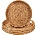 Round Rattan Serving Tray with Handles, 2 Hand Woven Basket, Home Decor by Whalehub