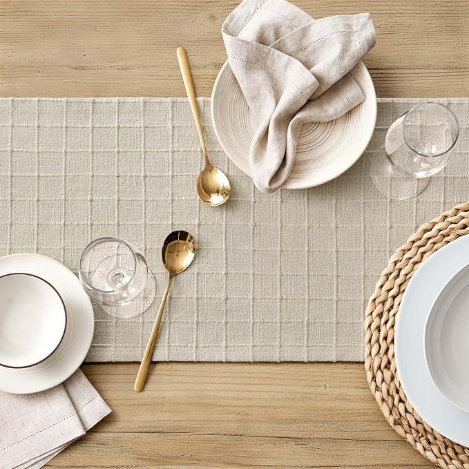 Artisanal Grid Linen Table Runner, 13x108 Inches Neutral Beige | Heavy Textured - Image 5