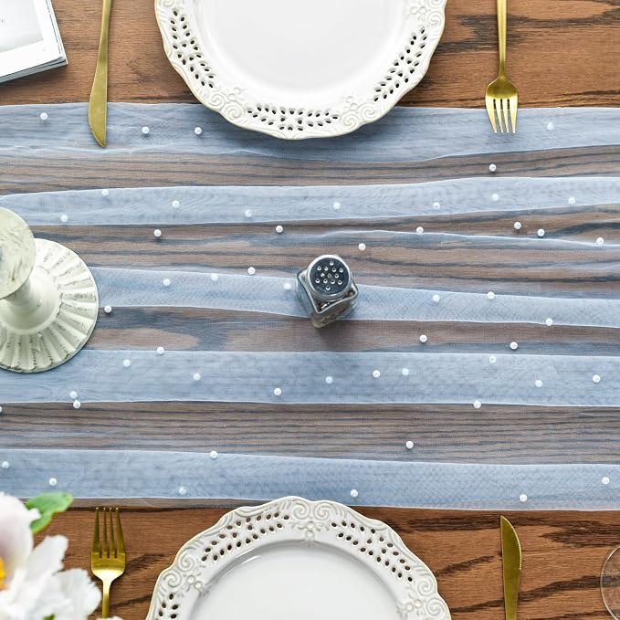Artoid Mode Pearl Blue Gauze Table Runner 59x120 Inch, Seasonal Sheer Kitchen - Image 2