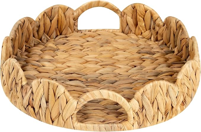 StorageWorks Round Scalloped Tray, Wicker Rattan Serving Tray by StorageWorks