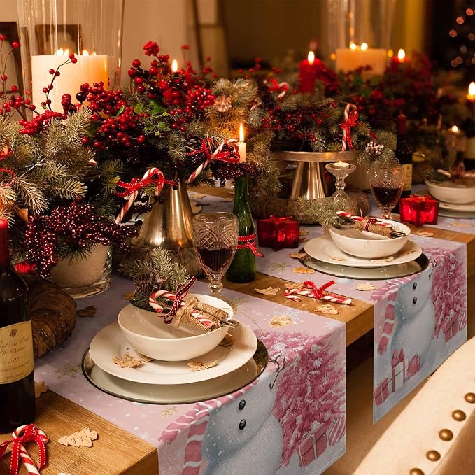 Pink Christmas Snowman Short Table Runners 48 Inches, Cotton Linen Fabric - Image 2