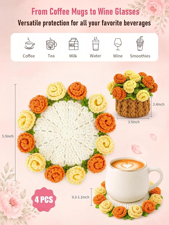 Crochet Flower Bouquet Coasters, Cotton Rose Gifts - Image 2