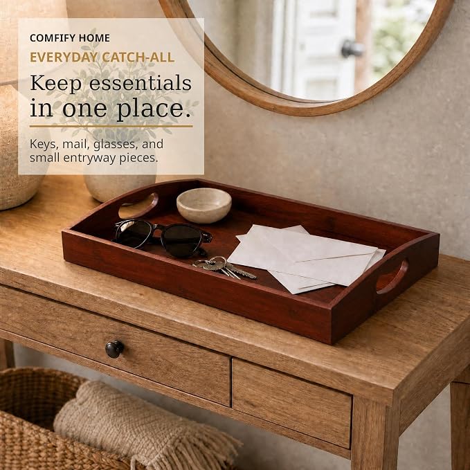 Comfify Dark Brown Bamboo Serving Trays Set of 3 – Nesting Ottoman Trays | - Image 7