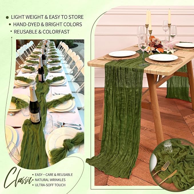 Showgeous 2 Pack Olive Green Cheesecloth Table Runners Boho Wedding Decor | - Image 5