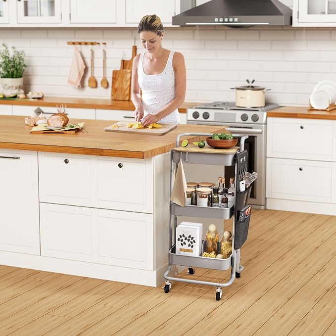 DTK 3-Tier Rolling Cart with Table Top, Metal Utility Cart with Side Bags | - Image 6