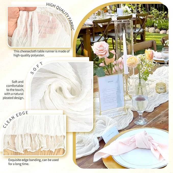 30 Pack Cheesecloth Table Runner 10FT Ivory White Table Runner Boho Gauze - Image 3