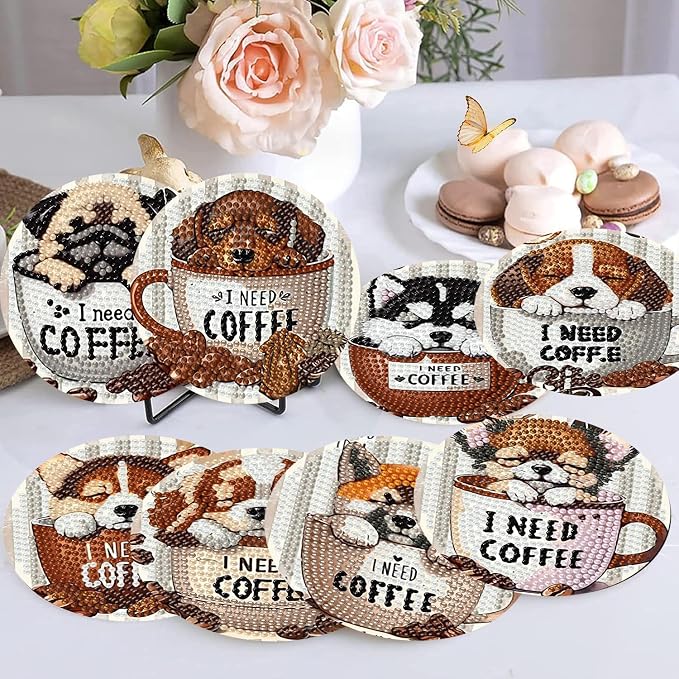 Ekuxom 8 Pcs Coffee Dog Diamond Art Coasters Kits - Image 2