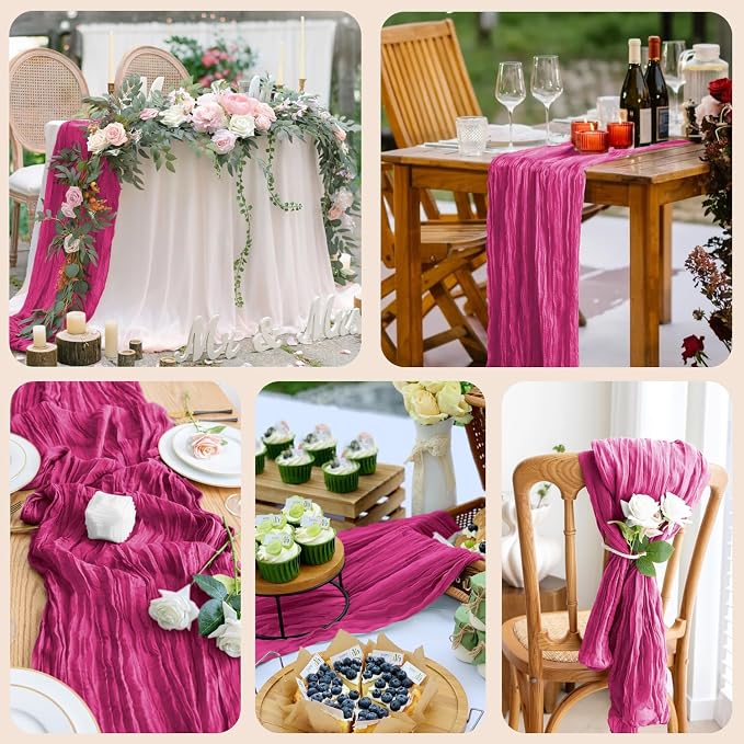 Cheesecloth Table Runner 10FT 12Pcs Fuchsia Boho Gauze Rustic Sheer Runners | - Image 7