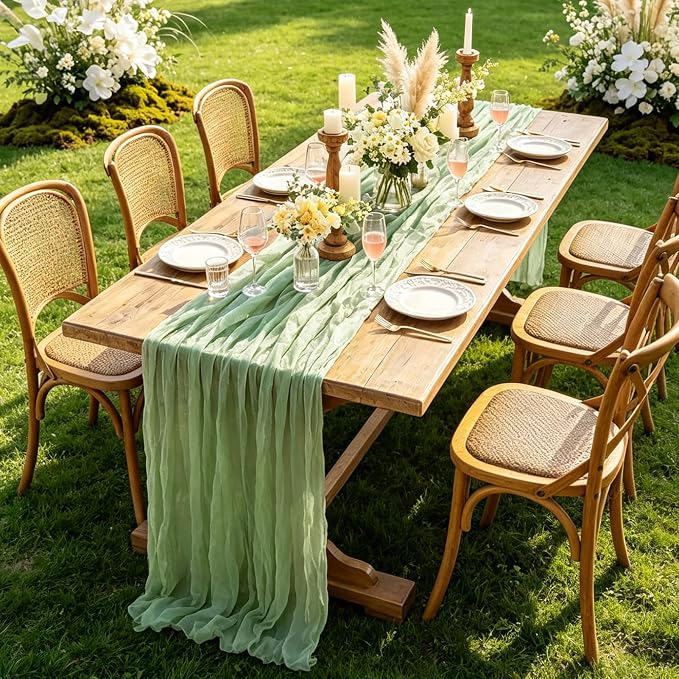 Sage Green Cheesecloth Table Runner, 10FT Rustic Green Boho Gauze Table Runner - Image 5