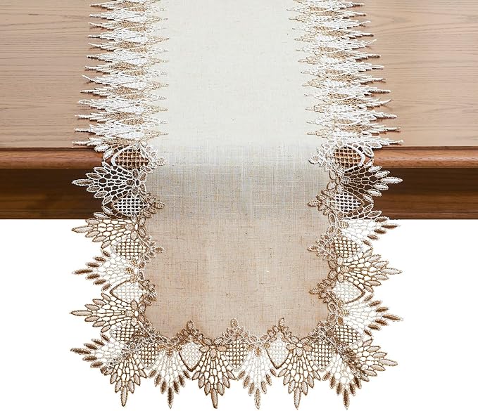 Natural Linen Table Runner 72 inches Beige Lace Coffee Table Runners | French by Raedan