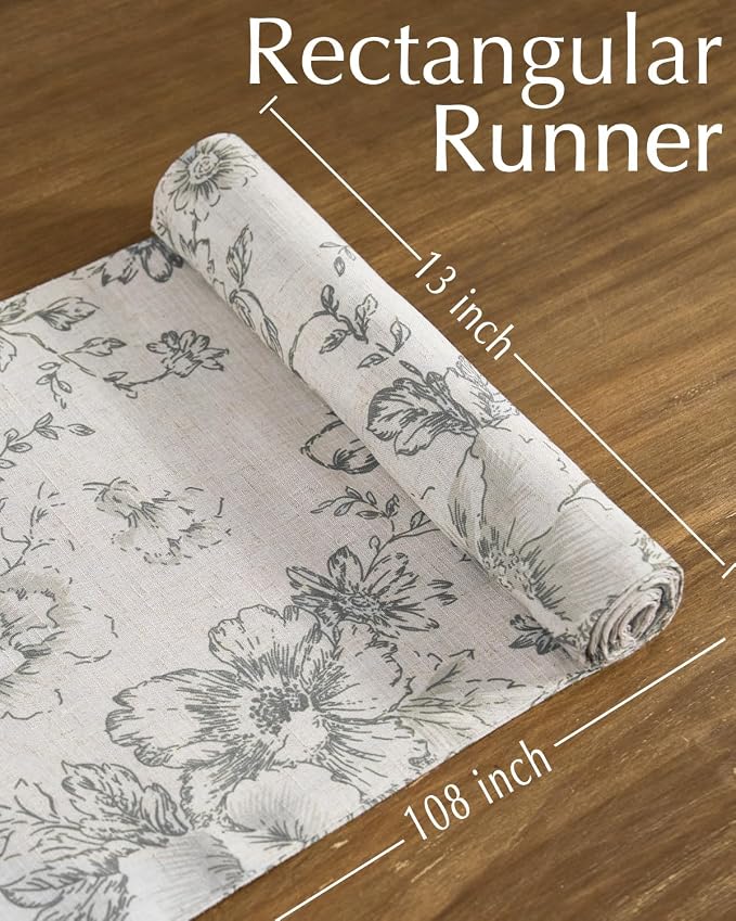 jinchan Grey Floral Linen Table Runner 13 x 108 Inch Farmhouse | Understated - Image 5